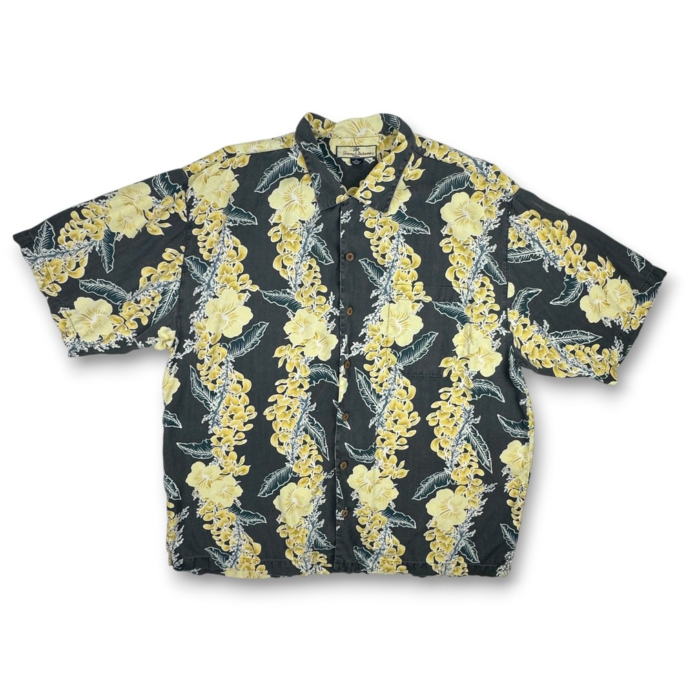 Tommy Bahama Men's XL Silk Camp Shirt Hawaiian Aloha Floral Yellow‎ Hibiscus VTG